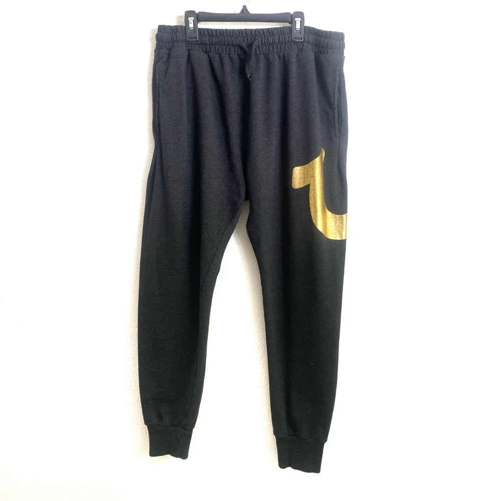 True Religion Charcoal Gray Joggers Sweats Oversized Gold Logo Men's Size Large